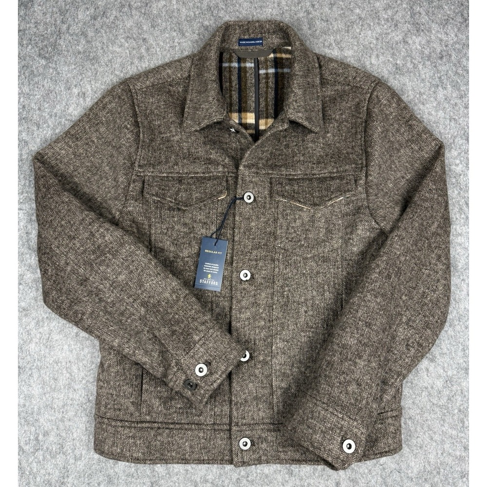 Stafford NWT Shacket Mens S Wool blend Herringbone Brown Shirt Jacket $160 MSRP